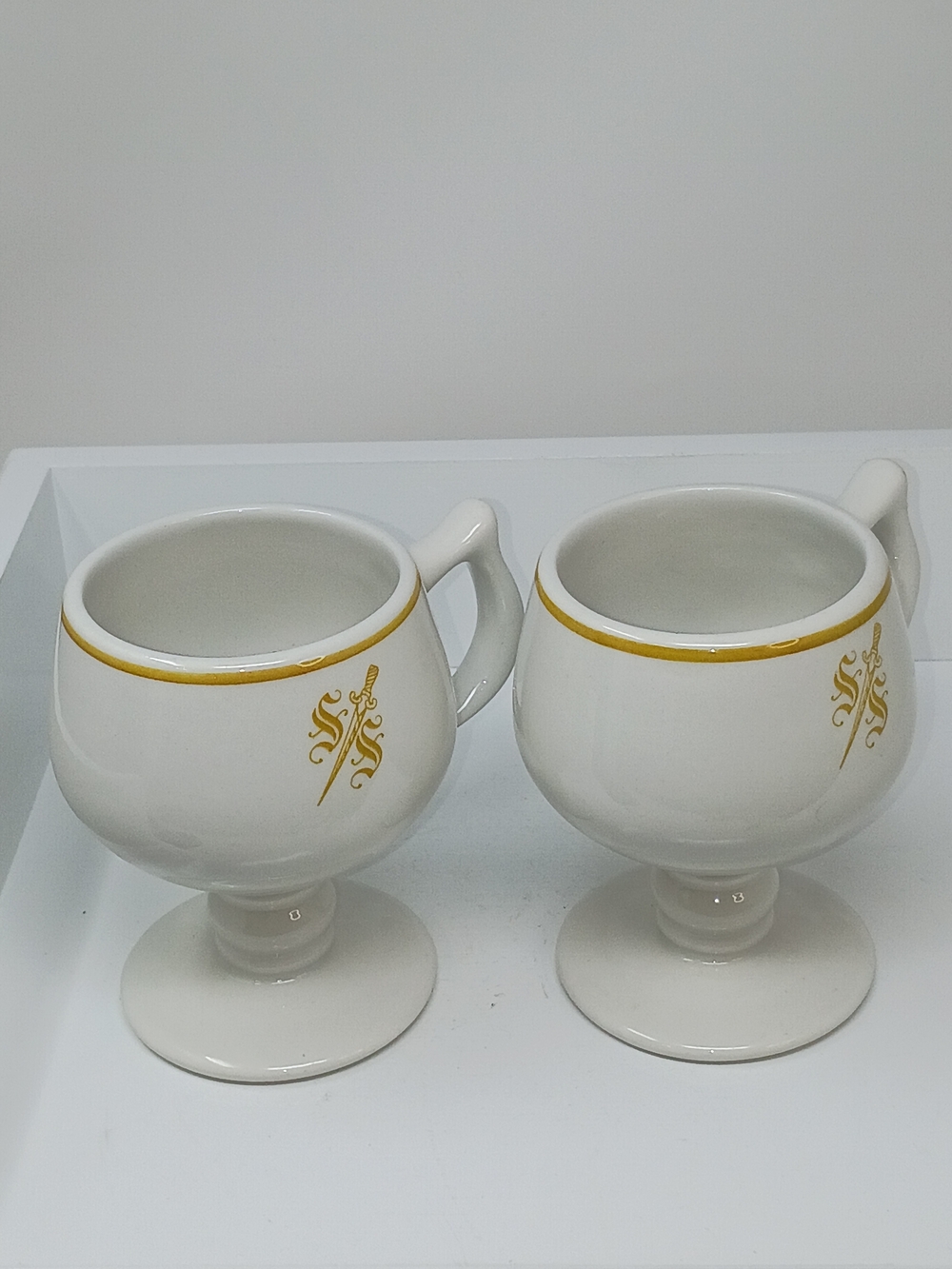 Sterling China, White Ceramic Pedestal Mugs with Gold Trim & Emblem - Set of 2 - Picture 12 of 12